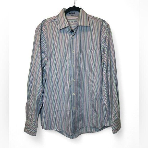 Bugatchi Other - Bugatchi Uomo Men XL Blue Muted Rainbow Stripe 100% Cotton Button Shirt